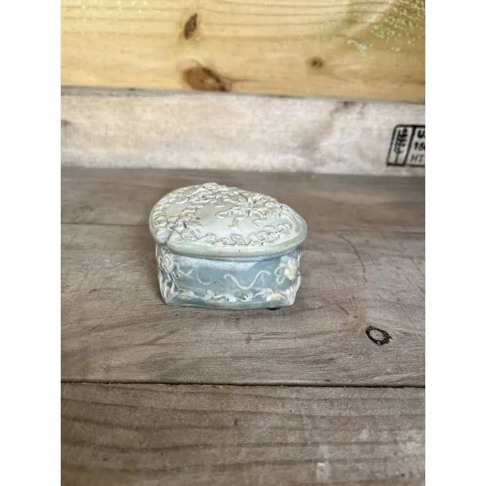Vintage Genuine Incolay Blue Green Stone Heart Shape /Roses  Jewelry Trinket Box
